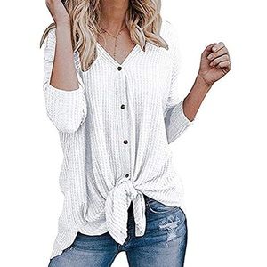 Long Sleeve Waffle Knit Tie Knot Button Down